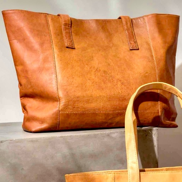 NOONDAY COLLECTION Genuine Goat Leather Tote in Tobacco with Blue Lining - Picture 2 of 13